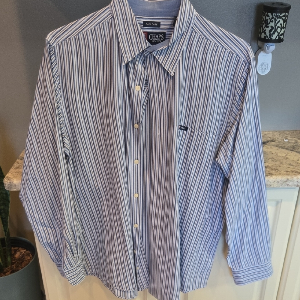 Chaps Men's Blue and White Striped Dress Shirt Large 60/40 Cotton/Polyester